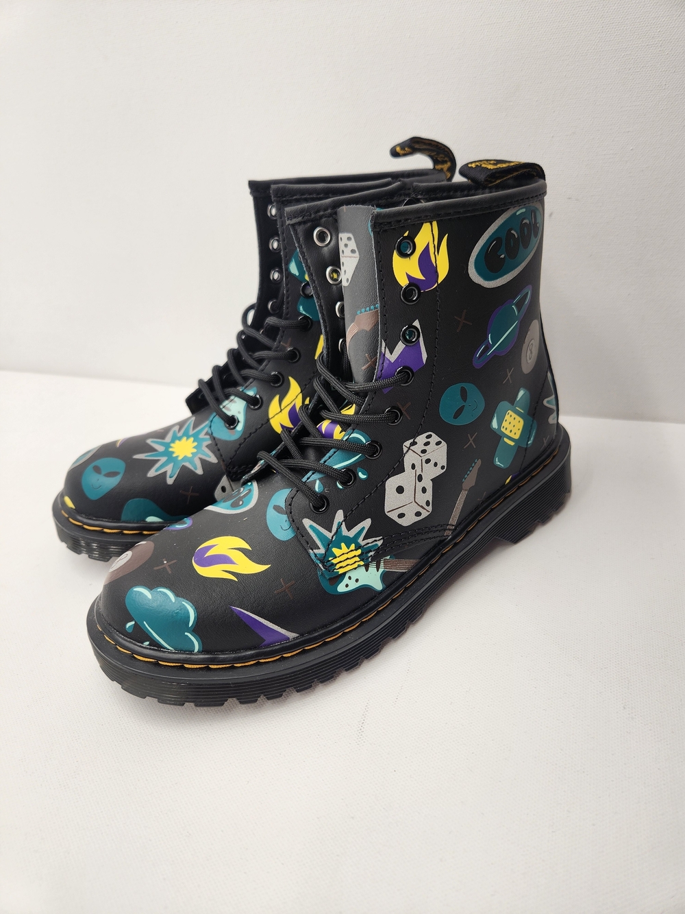 Dr. Martens 1460 Junior Black Graphic Combat Boots Side Zip Youth US 5 EU36 NWOT
